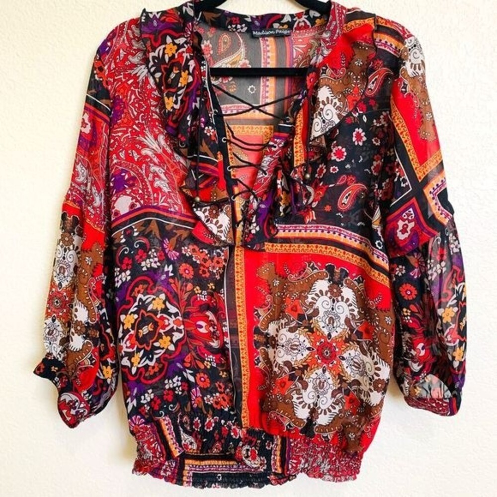 Madison Paige Red blouse women semi sheer deep V neck long sleeve top size L